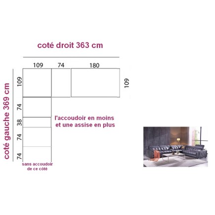 2eme paiement commande: Canapé d'angle cuir EPAIS buffle italien luxe 7 places sur mesure personnalisé, 369x363, 1 accoudoir en