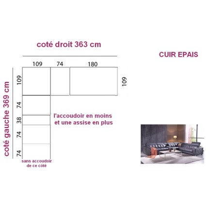 Canapé d'angle cuir EPAIS buffle italien luxe 7 places sur mesure personnalisé, 369x363, 1 accoudoir en moins et 1 assise 75cm e