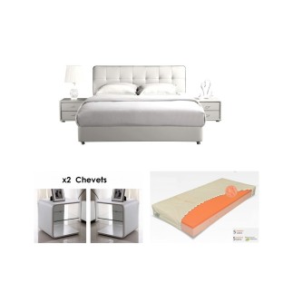 2eme paiement: Lit design cuir italien de luxe berta, sommier à lattes, blanc 140x200. 2 chevets qualité supérieure elvin, blanc
