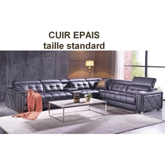 Canapé d'angle en cuir EPAIS de buffle italien de luxe, 6/7 places, PRESTIGIA, noir, angle droit