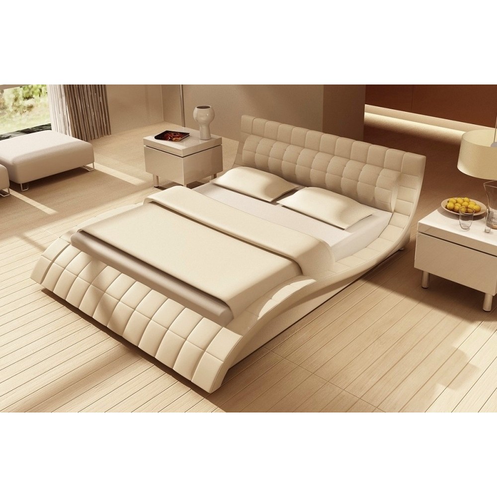 Lit design en 100% tout cuir italien de luxe BELIA, ivoire, 160x200