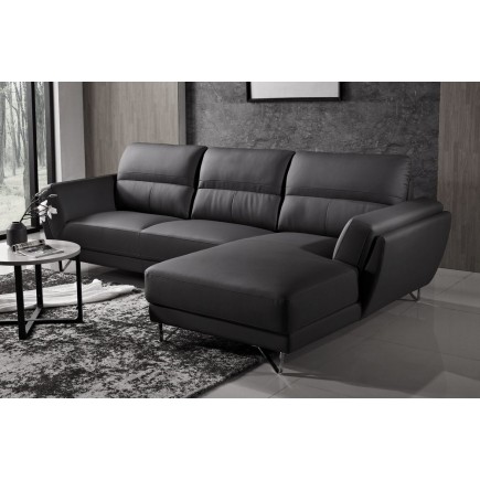Canapé d'angle en cuir buffle italien de luxe 5 places COSTES, noir, angle droit