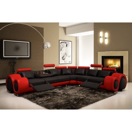 2EME paiement: Canapé d'angle en cuir italien : 5/6 places petit excelia, noir et rouge, angle droit, 6x sans frais, total de la