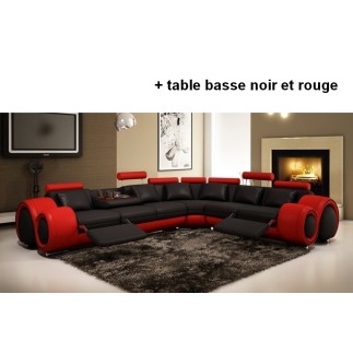 2eme PAIEMENT DE LA COMMANE: Canapé d'angle en cuir italien : 5/6 places petit excelia, noir et rouge, angle droit, Table basse