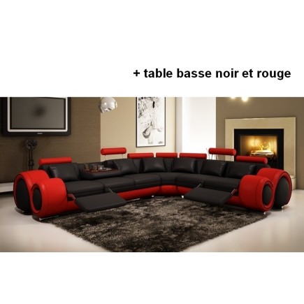 2eme PAIEMENT DE LA COMMANE: Canapé d'angle en cuir italien : 5/6 places petit excelia, noir et rouge, angle droit, Table basse