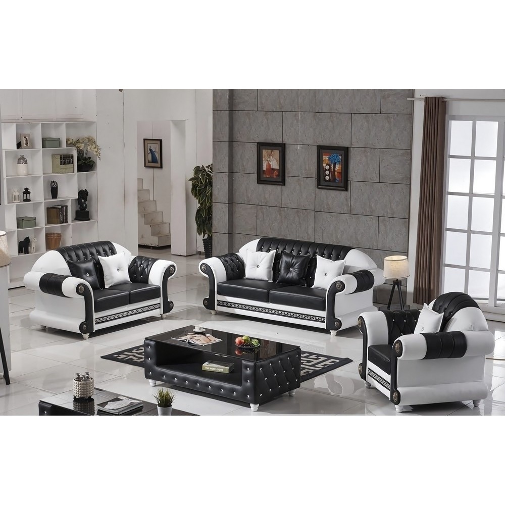 Ensemble canapé 3 places et 2 places et fauteuil en cuir italien cachette LUXOR, noir et blanc Ensemble canapé 3 places et 2 places et fauteuil en cuir italien cachette LUXOR, noir et blanc