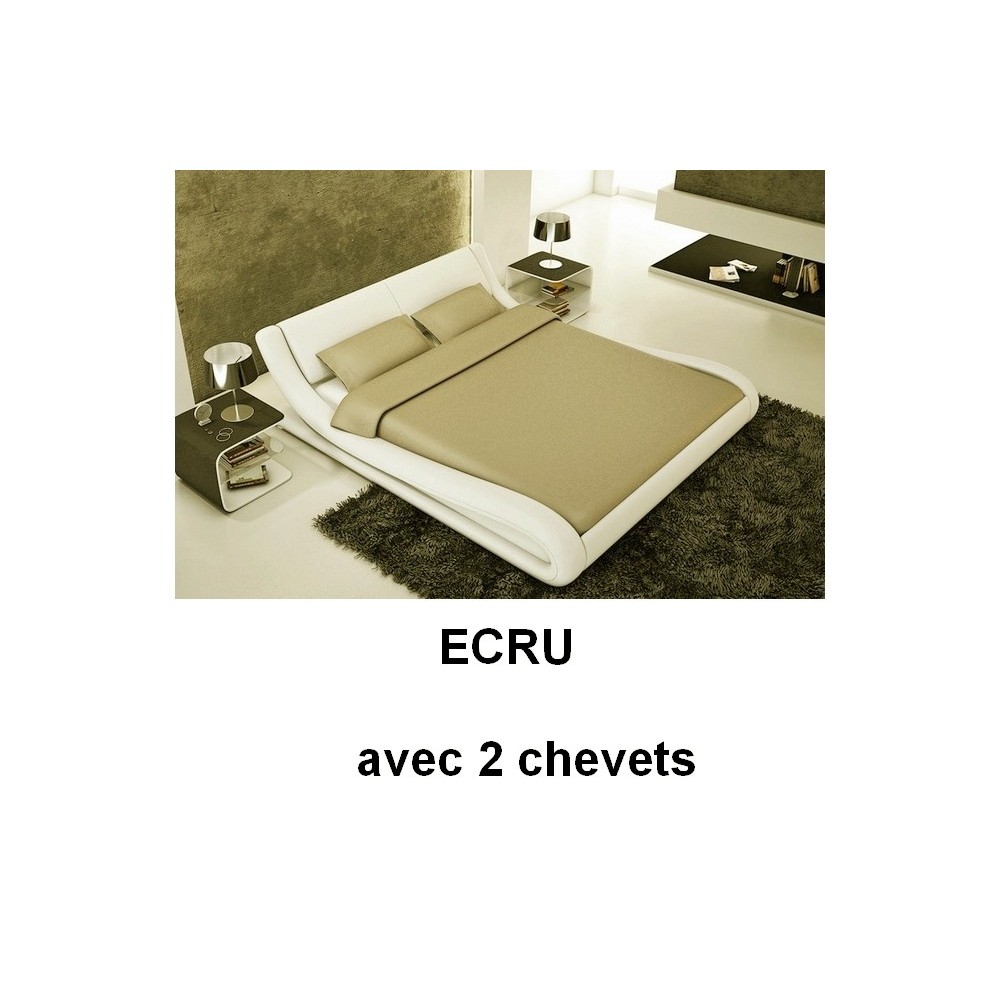 2EME paiement de la commande: Lit cuir MOON contemporain 160x200 Ecru N°435 Avec le sommier à lattes Avec 2 chevets, en 6x sans