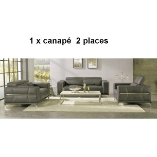 Canapé 2 places en cuir italien buffle VEGA, gris foncé avec surpiqure personnalisée