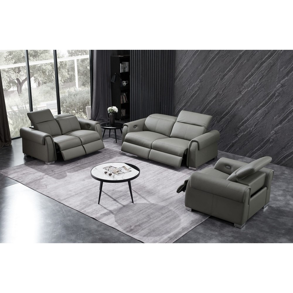 Ensemble avec 5 relax électriques; Canapé 3 places et 2 places et fauteuil 1 place en cuir italien buffle TOPRELAX, gris foncé Ensemble avec 5 relax électriques; Canapé 3 places et 2 places et fauteuil 1 place en cuir italien buffle TOPRELAX, gris foncé