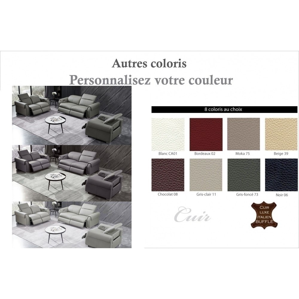 Ensemble avec 5 relax électriques; Canapé 3 places et 2 places et fauteuil 1 place en cuir italien buffle TOPRELAX, couleur pers Ensemble avec 5 relax électriques; Canapé 3 places et 2 places et fauteuil 1 place en cuir italien buffle TOPRELAX, couleur pers