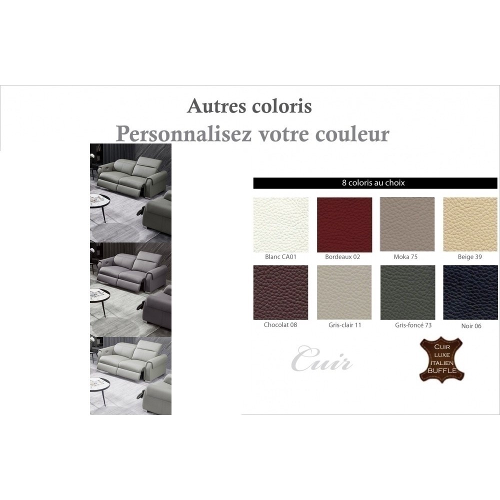 Canapé 3 places avec 2 relax électriques en cuir italien buffle TOPRELAX, couleur personnalisée Canapé 3 places avec 2 relax électriques en cuir italien buffle TOPRELAX, couleur personnalisée