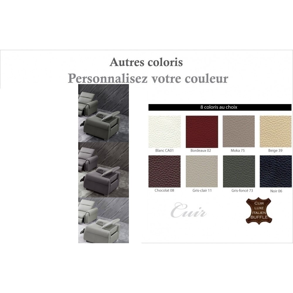 fauteuil 1 place avec 1 relax électrique en cuir italien buffle TOPRELAX, couleur personnalisée fauteuil 1 place avec 1 relax électrique en cuir italien buffle TOPRELAX, couleur personnalisée