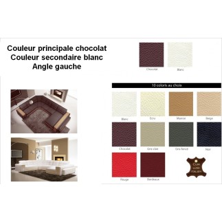 Canapé d'angle en cuir italien 7/8 places EVASION, couleur prinicpale chocolat et seondaire blanc, angle gauche