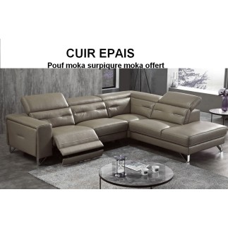 Canapé d'angle avec un relax électrique en cuir EPAIS 1.8mm de buffle italien de luxe 6 places REVOLAX moka, surpiqure moka, ang