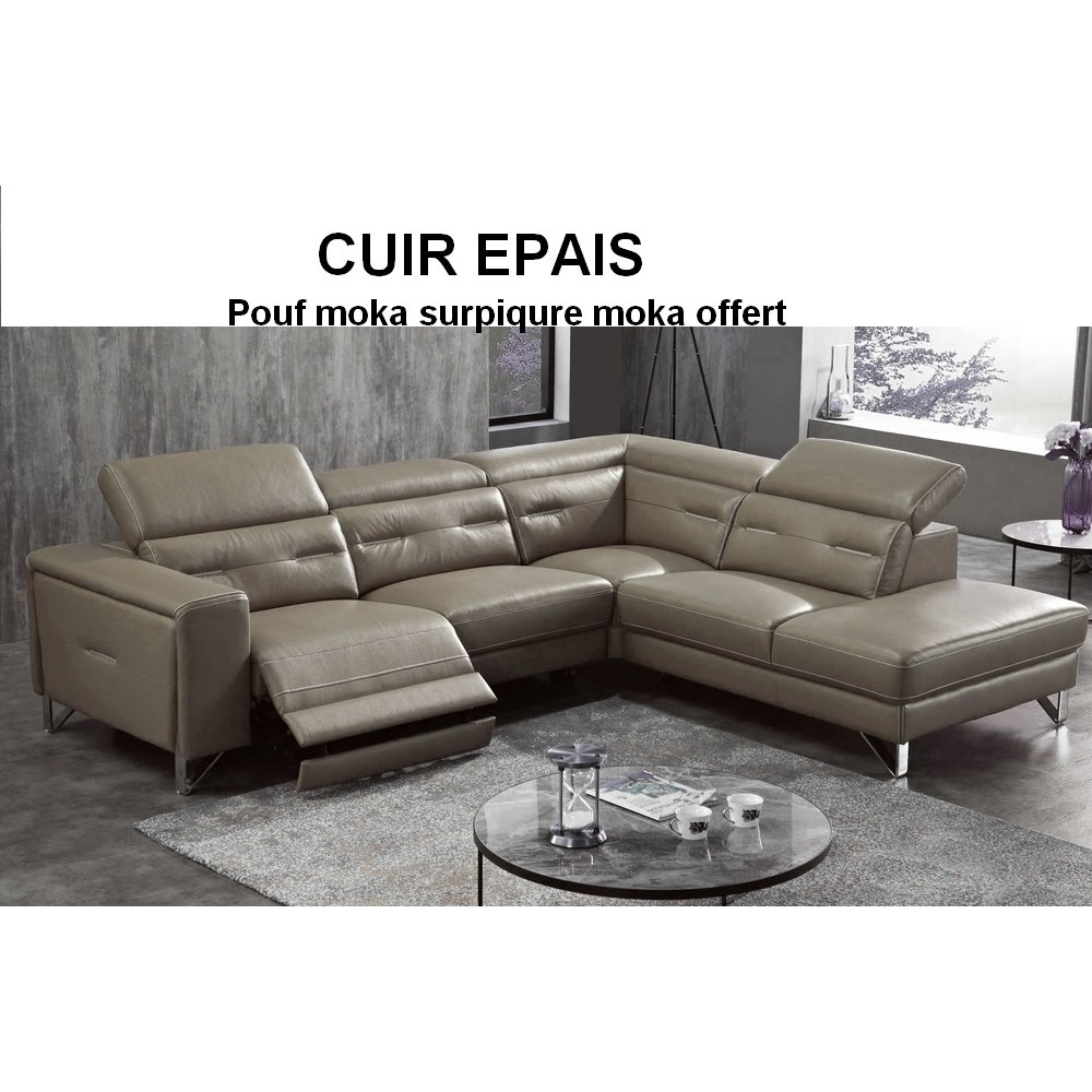 Canapé d'angle avec un relax électrique en cuir EPAIS 1.8mm de buffle italien de luxe 6 places REVOLAX moka, surpiqure moka, ang