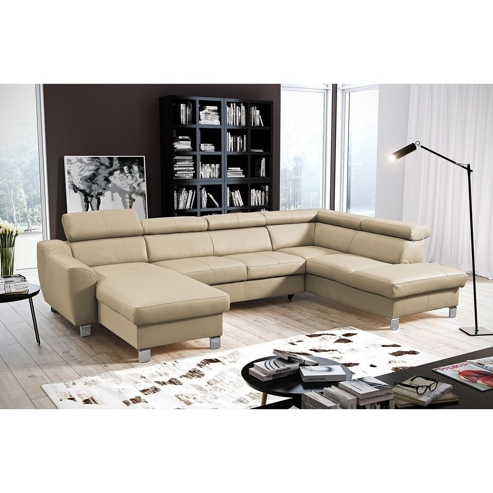 Canapé d'angle convertible en cuir italien de luxe 7/8 places ASTON, beige, angle droit Canapé d'angle convertible en cuir italien de luxe 7/8 places ASTON, beige, angle droit