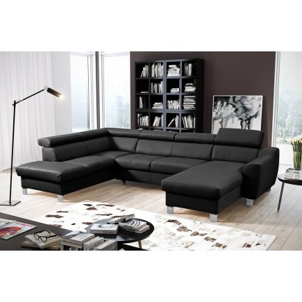 -Canapé d'angle convertible en cuir italien de luxe 7/8 places ASTON, noir, angle gauche