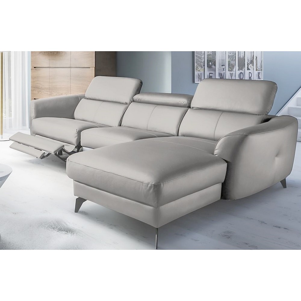 Canapé d'angle relax en cuir de luxe italien avec relax électrique, 5 places BERTONI, gris clair, angle droit Canapé d'angle relax en cuir de luxe italien avec relax électrique, 5 places BERTONI, gris clair, angle droit