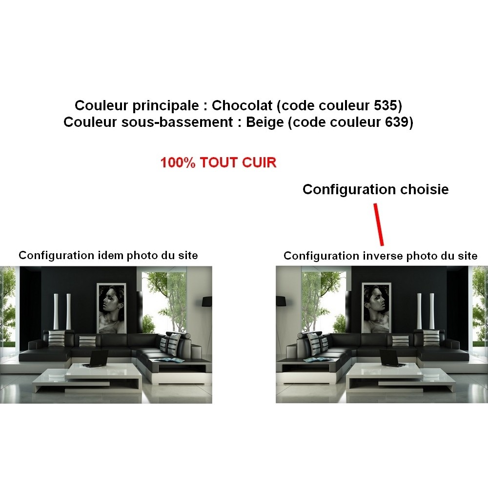 Canapé d'angle HARRY en 100% TOUT cuir haut de gamme italien, Chocolat N°535 et sous-bassement Beige N°639. Angle inverse de la