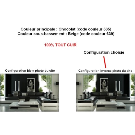 Canapé d'angle HARRY en 100% TOUT cuir haut de gamme italien, Chocolat N°535 et sous-bassement Beige N°639. Angle inverse de la