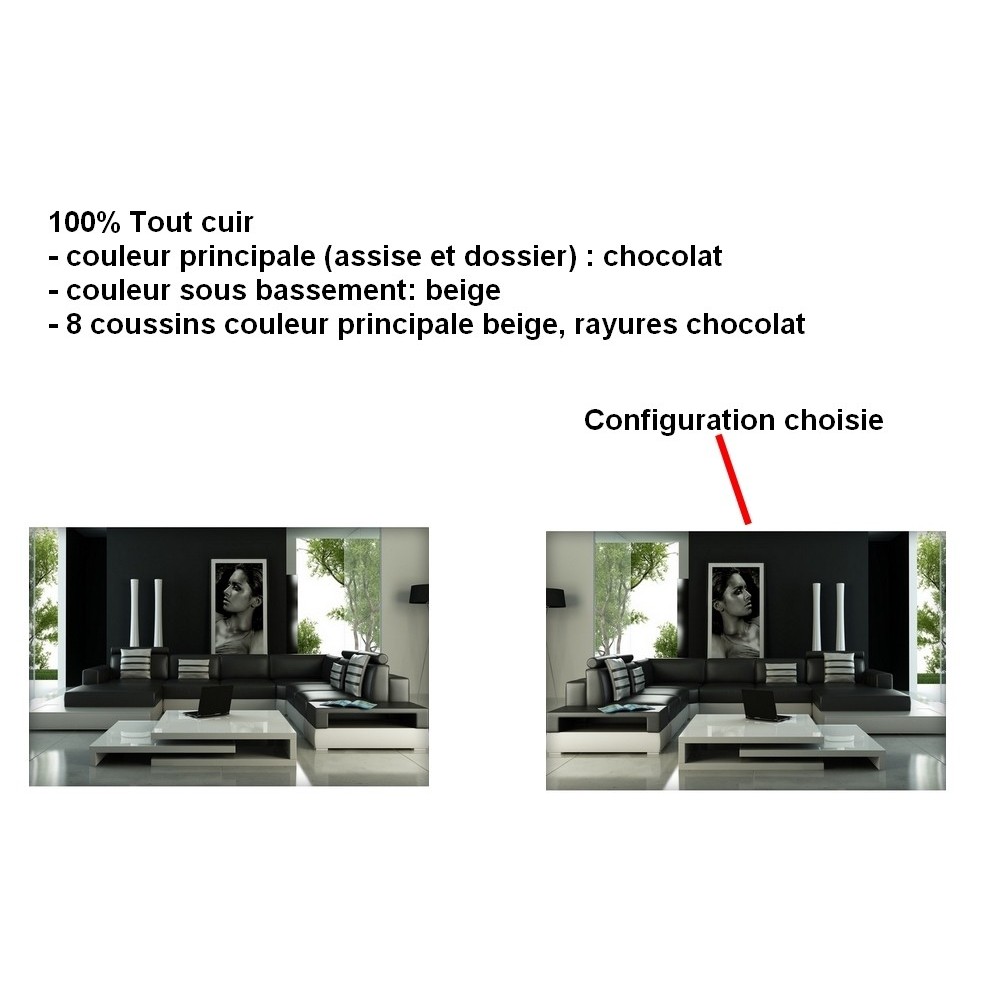 Canapé d'angle HARRY en 100% TOUT cuir haut de gamme italien Chocolat N°535 Sous-bassement Beige N°639, Angle inverse de la phot Canapé d'angle HARRY en 100% TOUT cuir haut de gamme italien Chocolat N°535 Sous-bassement Beige N°639, Angle inverse de la phot