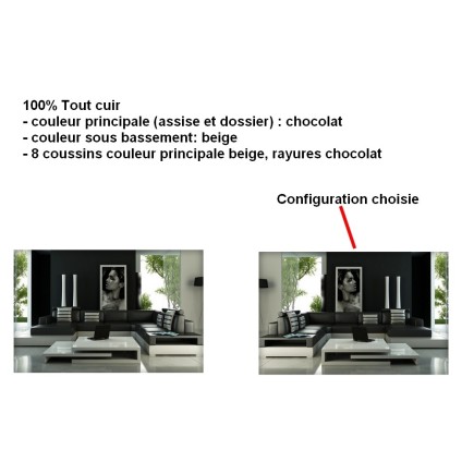 Canapé d'angle HARRY en 100% TOUT cuir haut de gamme italien Chocolat N°535 Sous-bassement Beige N°639, Angle inverse de la phot