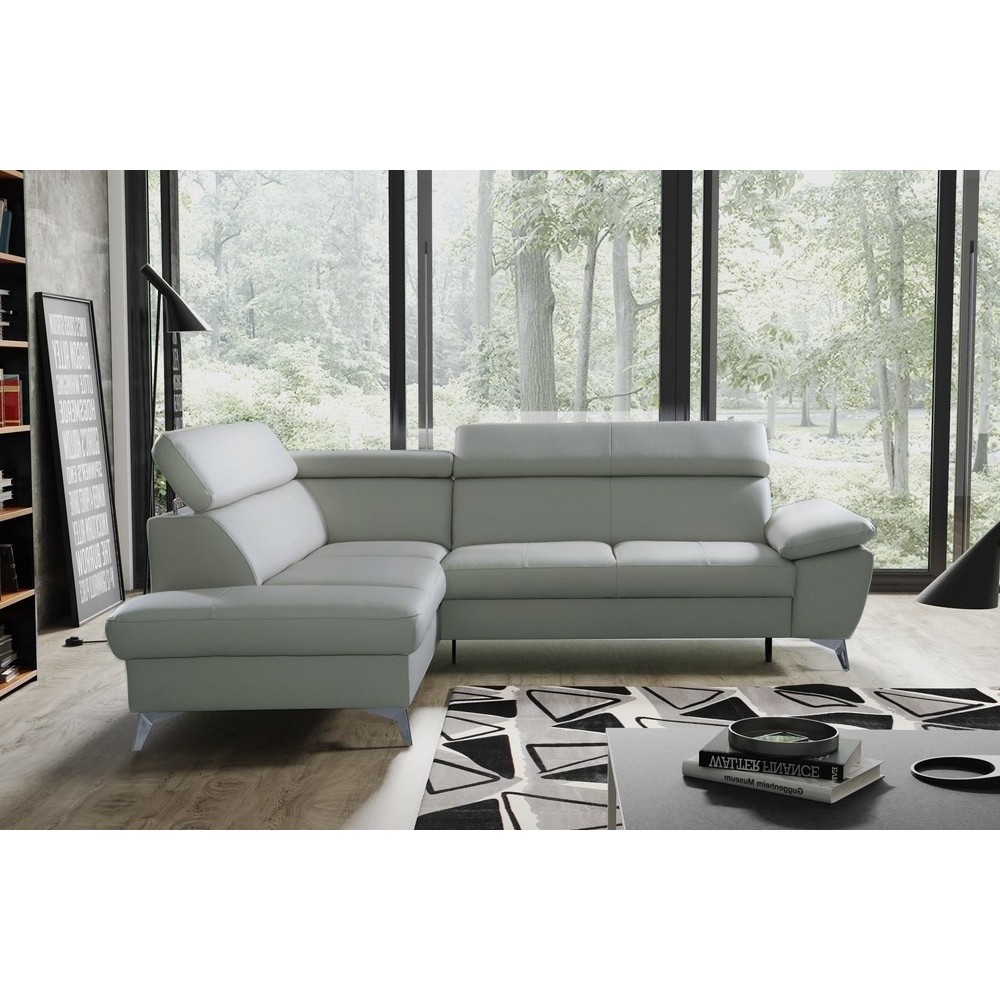 Canapé d'angle convertible en cuir italien de luxe 5/6 places WARREN II, avec coffre, gris clair, angle gauche Canapé d'angle convertible en cuir italien de luxe 5/6 places WARREN II, avec coffre, gris clair, angle gauche