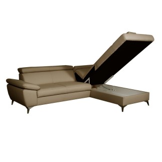 Canapé d'angle convertible en cuir italien de luxe 5/6 places WARREN II, avec coffre, gris clair, angle gauche
