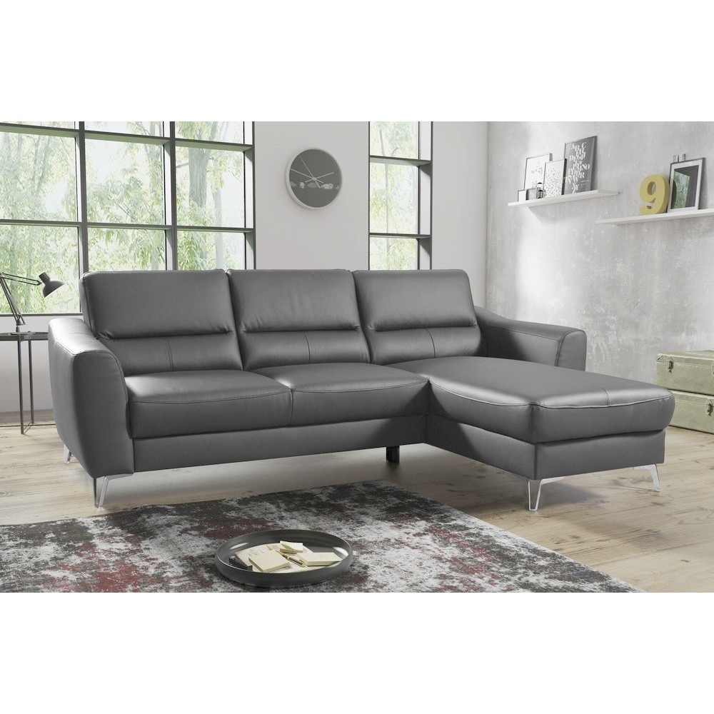 Canapé d'angle convertible en cuir italien de luxe 5 places SANTORIN, avec coffre, gris clair, angle droit Canapé d'angle convertible en cuir italien de luxe 5 places SANTORIN, avec coffre, gris clair, angle droit