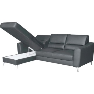- Canapé d'angle convertible en cuir italien de luxe 5 places SANTORIN, avec coffre, gris foncé, angle gauche