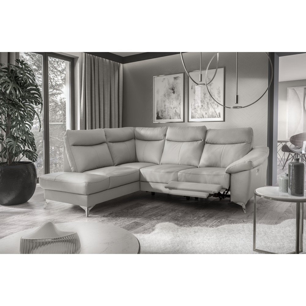 - Canapé d'angle en cuir italien de luxe 5 places LUZERNE, avec relax électrique et coffre, gris clair, angle gauche - Canapé d'angle en cuir italien de luxe 5 places LUZERNE, avec relax électrique et coffre, gris clair, angle gauche