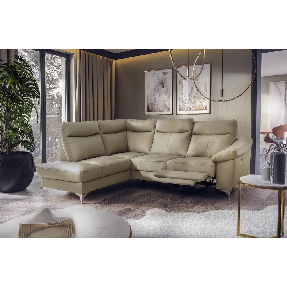 Canapé d'angle en cuir italien de luxe 5 places LUZERNE, avec relax électrique et coffre, beige, angle gauche Canapé d'angle en cuir italien de luxe 5 places LUZERNE, avec relax électrique et coffre, beige, angle gauche