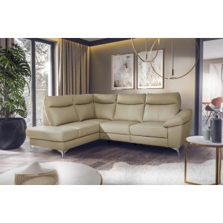Canapé d'angle en cuir italien de luxe 5 places LUZERNE, avec relax électrique et coffre, beige, angle gauche