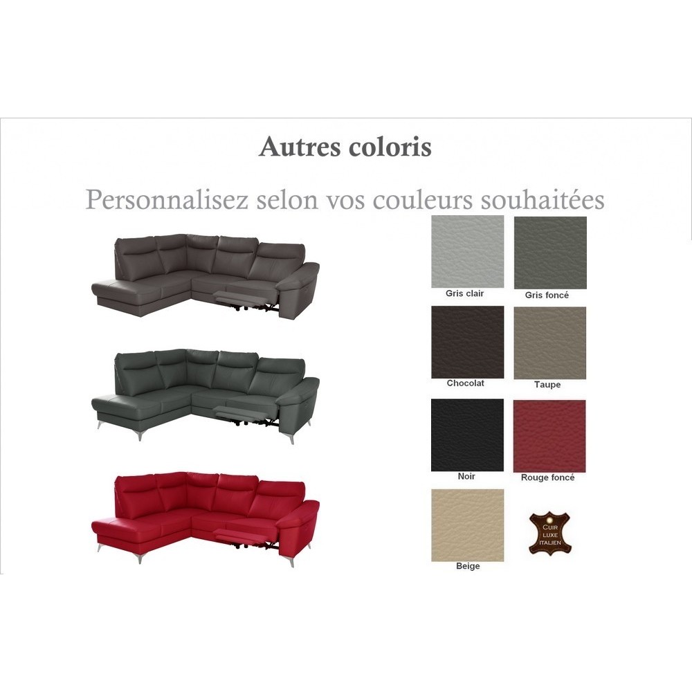 Canapé d'angle en cuir italien de luxe 5 places LUZERNE, avec relax électrique et coffre, couleur personnalisée, angle gauche Canapé d'angle en cuir italien de luxe 5 places LUZERNE, avec relax électrique et coffre, couleur personnalisée, angle gauche