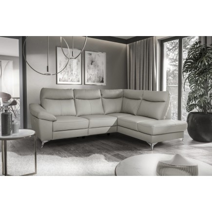 Canapé d'angle en cuir italien de luxe 5 places LUZERNE, avec relax électrique et coffre, gris clair, angle droit