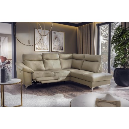 Canapé d'angle en cuir italien de luxe 5 places LUZERNE, avec relax électrique et coffre, beige, angle droit