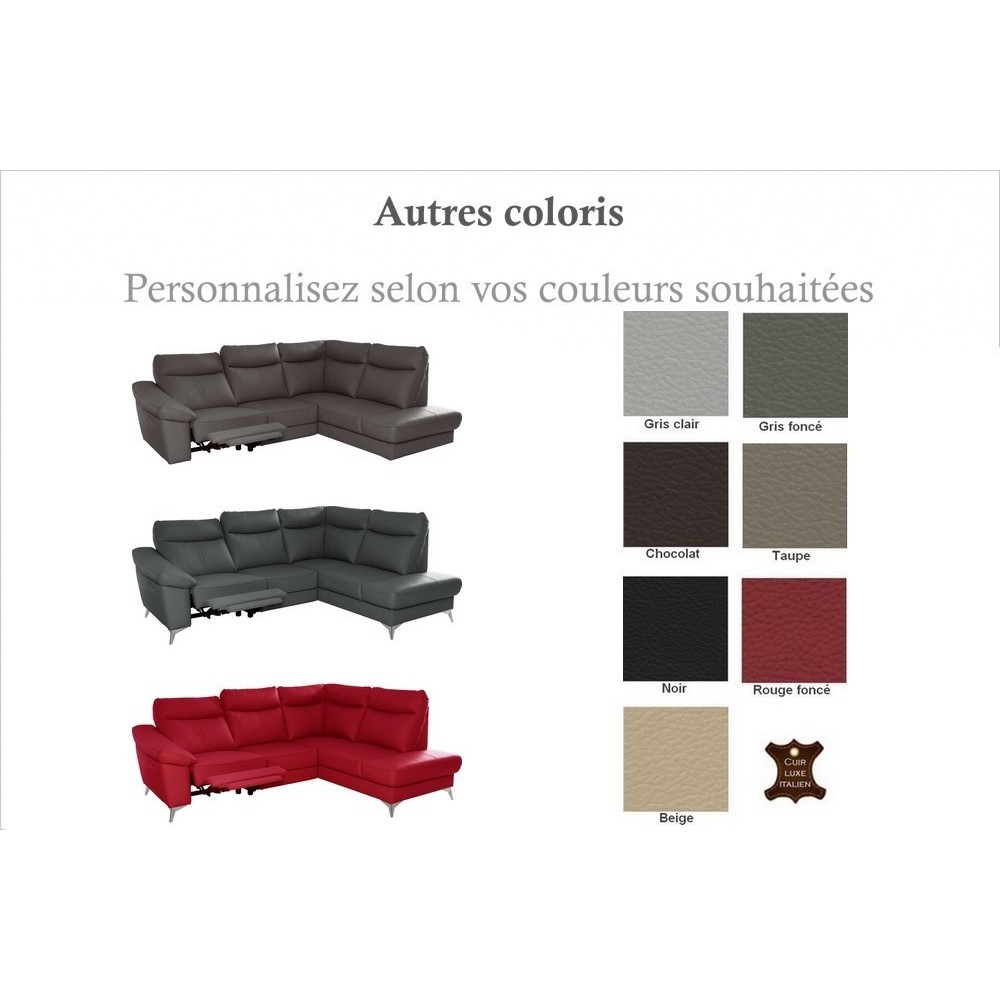 Canapé d'angle en cuir italien de luxe 5 places LUZERNE, avec relax électrique et coffre, couleur personnalisée, angle droit Canapé d'angle en cuir italien de luxe 5 places LUZERNE, avec relax électrique et coffre, couleur personnalisée, angle droit