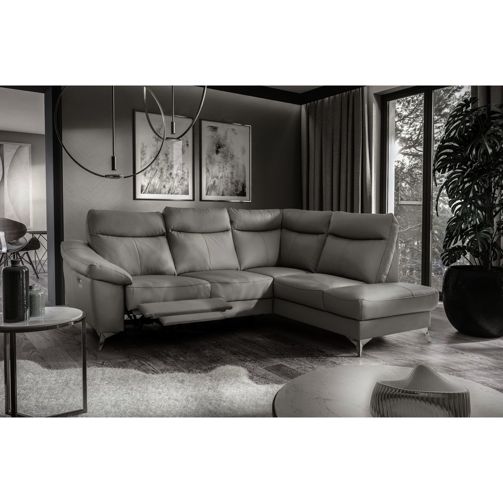 Canapé d'angle en cuir italien de luxe 5 places LUZERNE, avec relax électrique et coffre, gris foncé, angle droit Canapé d'angle en cuir italien de luxe 5 places LUZERNE, avec relax électrique et coffre, gris foncé, angle droit