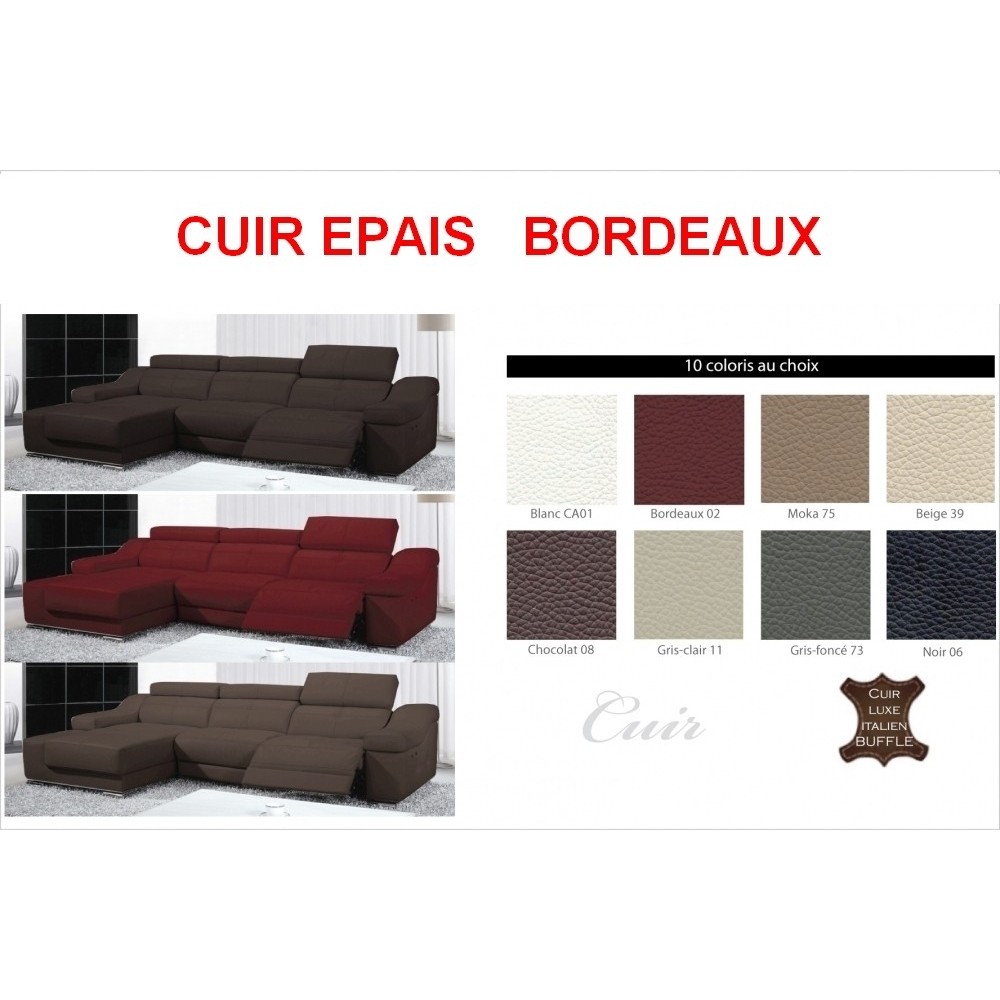 Canapé d'angle double relax en cuir de buffle italien de luxe 5 places BiRELAX, CUIR EPAIS personnalisé, bordeaux, angle gauche,