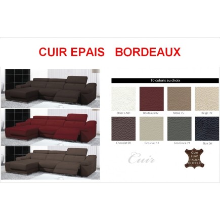 Canapé d'angle double relax en cuir de buffle italien de luxe 5 places BiRELAX, CUIR EPAIS personnalisé, bordeaux, angle gauche,