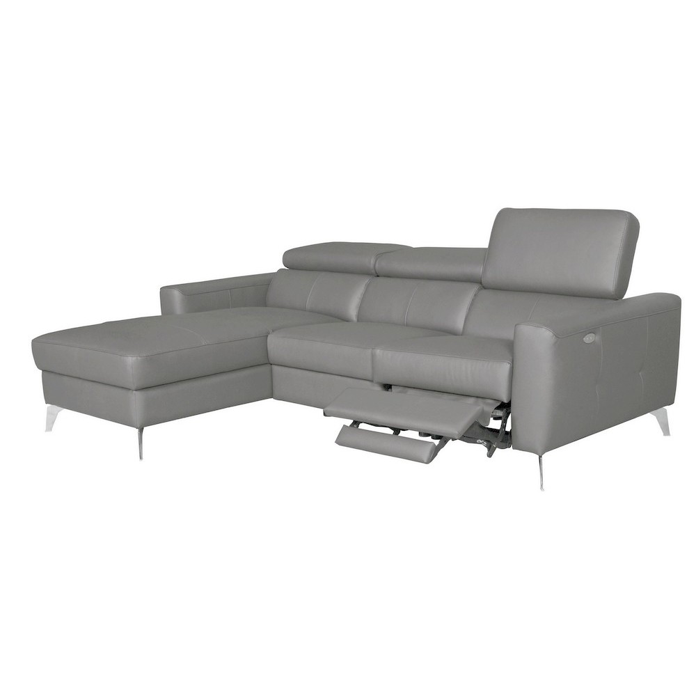Canapé d'angle en cuir italien de luxe 5 places BOTERO, avec relax électrique, gris clair, angle gauche Canapé d'angle en cuir italien de luxe 5 places BOTERO, avec relax électrique, gris clair, angle gauche