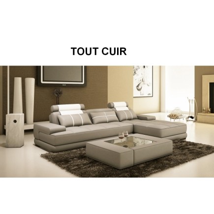 Canapé d'angle en 100% TOUT cuir italien 5 places ELIXA, gris clair et blanc, angle droit