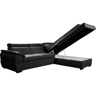 Canapé d'angle convertible en cuir italien de luxe 5/6 places TONY, avec coffre, noir, angle droit