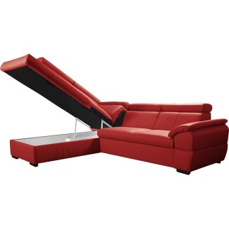 Canapé d'angle convertible en cuir italien de luxe 5/6 places TONY, avec coffre, rouge, angle gauche