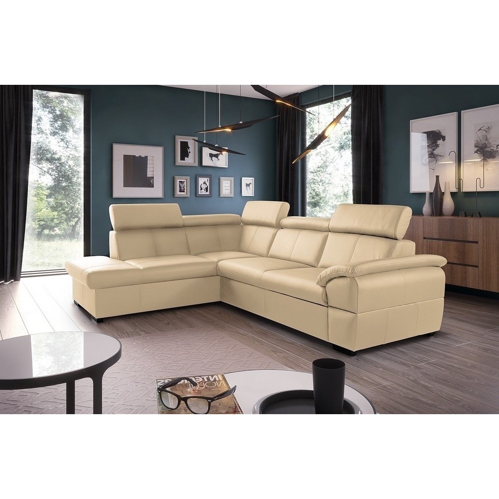 Canapé d'angle convertible en cuir italien de luxe 5/6 places TONY, avec coffre, beige, angle gauche Canapé d'angle convertible en cuir italien de luxe 5/6 places TONY, avec coffre, beige, angle gauche
