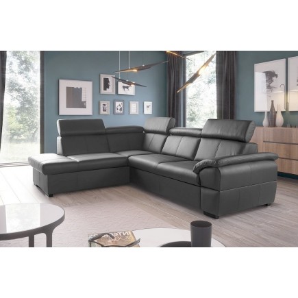 - Canapé d'angle convertible en cuir italien de luxe 5/6 places TONY, avec coffre, gris foncé, angle gauche