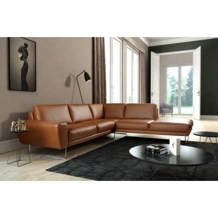 Canapé d'angle en 100% TOUT cuir italien de prestige 6/7 places SPENCER, marron cognac, angle droit
