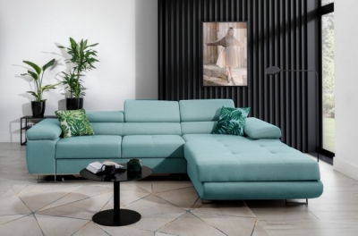 canapé d'angle convertible armel en tissu luxe 5 places, turquoise, avec coffre, angle droit (vu de face)