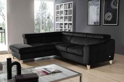 - canapé d'angle en tissu luxe 5 places, ashley, noir, angle gauche (vu de face)