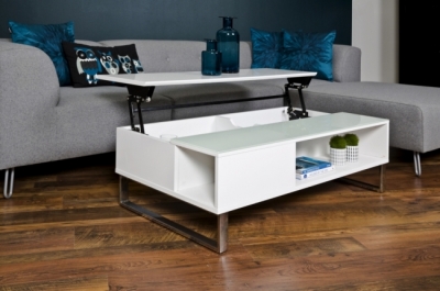 table basse design réglable en hauteur, bois laqué blanc et verre, azema